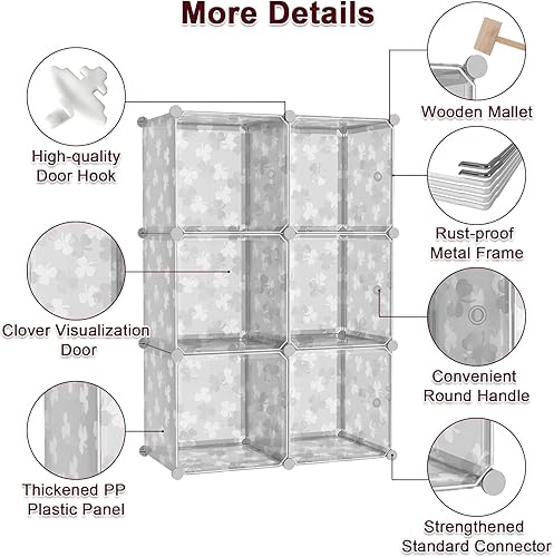 Miniatura 6 de C&AHOME Organizador de almacenamiento en cubos con puertas, estantes de 6 cubos, estantería modular de plástico para bricolaje, estantería de