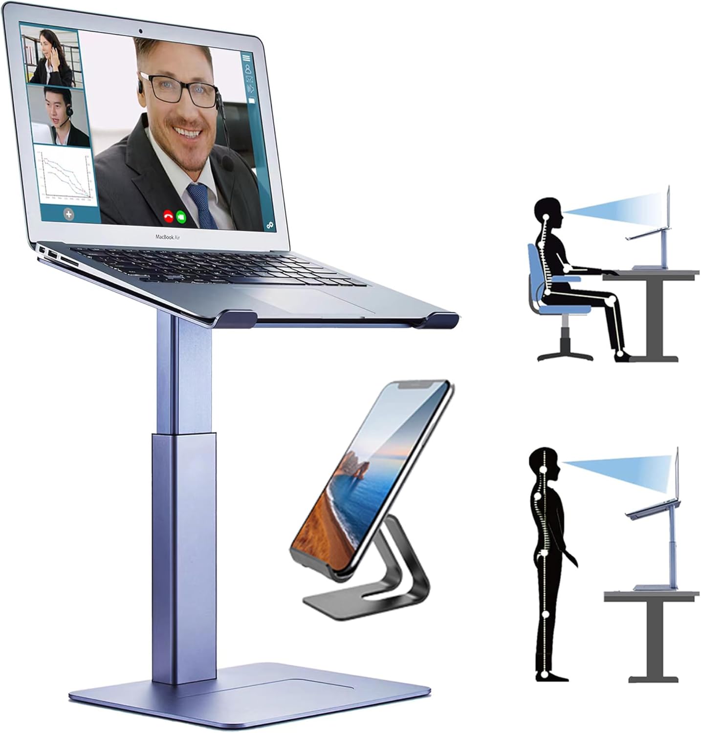 Adjustable Laptop Stand for Desk, DJ Laptop Stand Adjustable Height, Laptop Raised Stand for Standing & Sitting Mode, Tall, Strong and Airflow Even Laptop Riser for 17 inch（Gray）