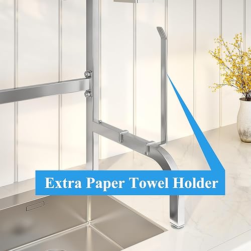 Miniatura 5 de Escurridor de platos ajustable sobre el fregadero, acero inoxidable (25.5 a 33.5 pulgadas), 2 niveles para encimera de cocina con soporte para