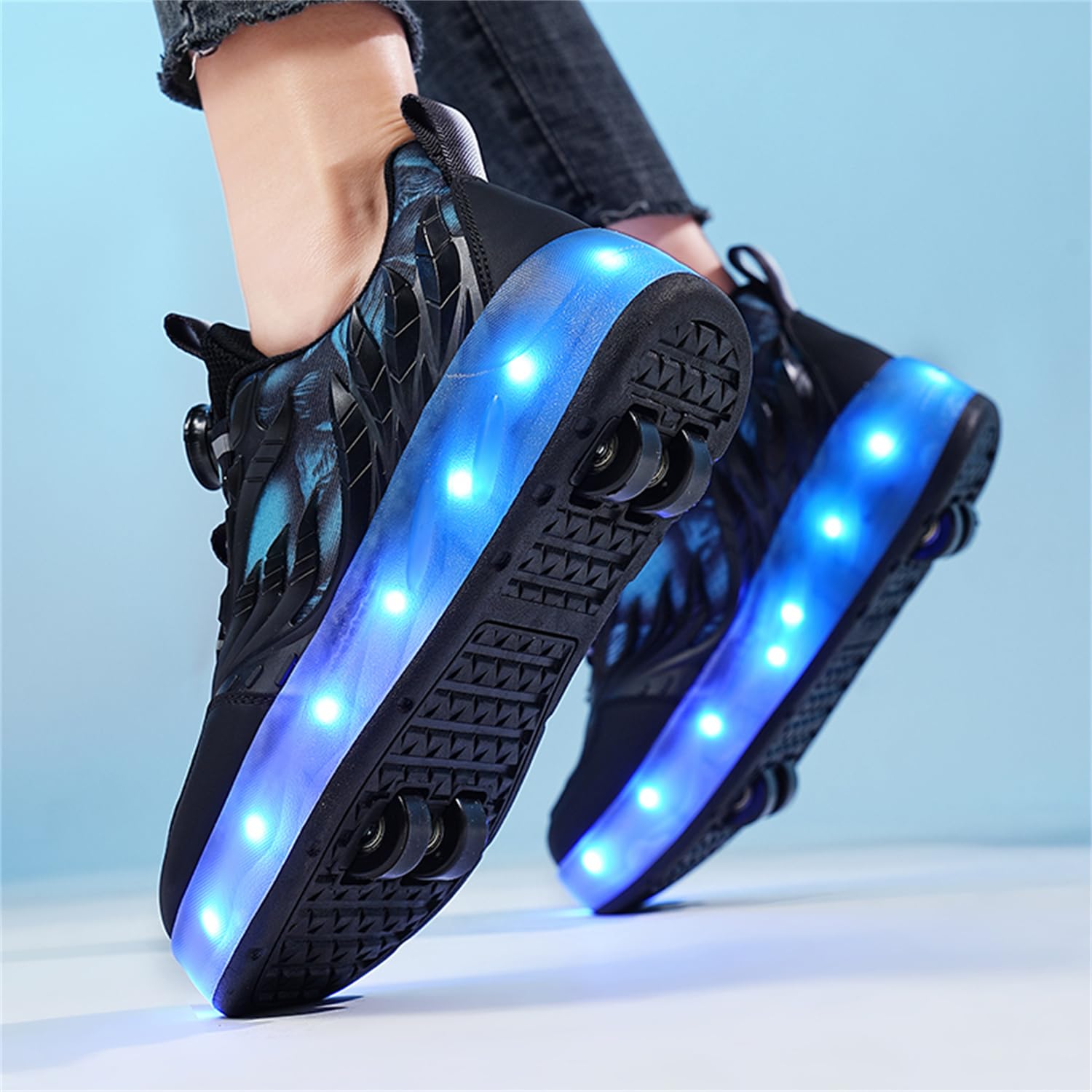 Unisex Kinder LED Licht USB Wiederaufladbar Skateboardschuhe mit Vier Rollen,Abnehmbar, Stabiler und Sicherer Outdoor Sport Fitnessschuhe Gymnastik Running Sneaker für Jungen Mädchen