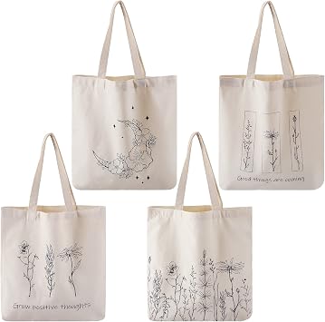 Reginary 4 Pack Canvas Tote Bag, Aesthetic Tote Bag for Women, Wildflower
