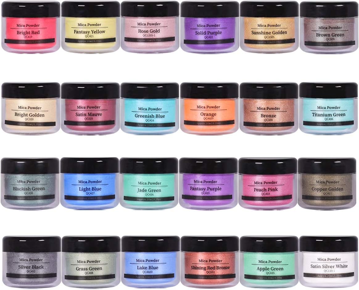 Epoxy Resin Pigment, Premium Slime Dye, 24 Colors Cosmetic Grade Mica Powder for Soap Making, Epoxy Resin, Lip Gloss, Nail Art, Bath Bombs, Candle Making and Painting (0.35oz Each Color)