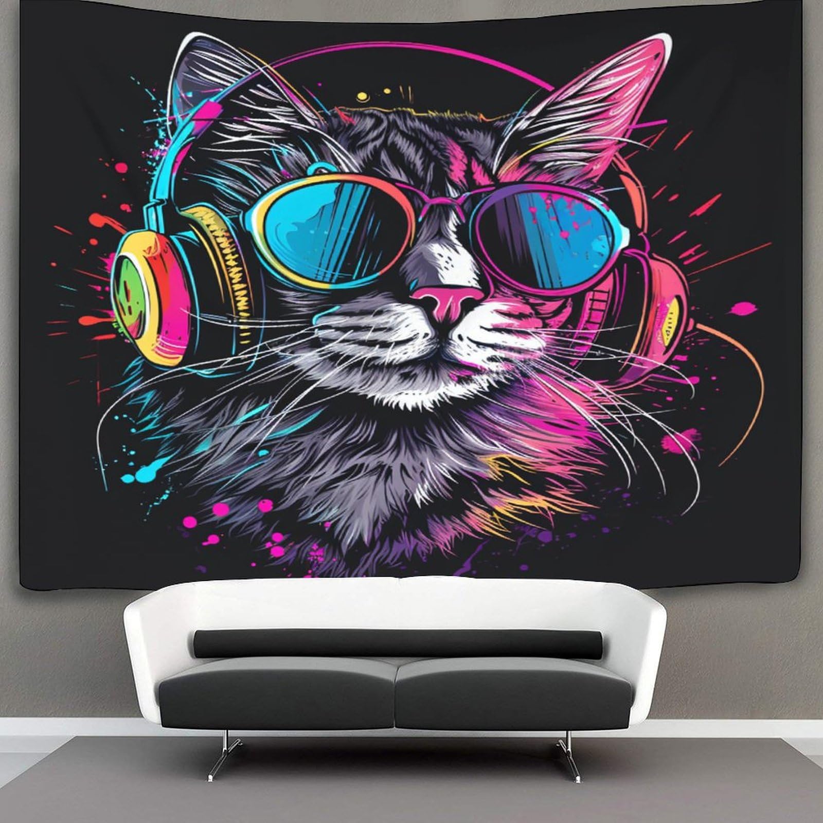kaiyun DJ Cat Tapestry Wall Hanging,Animal for Bedroom Decor Birthday Party Celebration Or Garden Backdrop 130cmx150cm