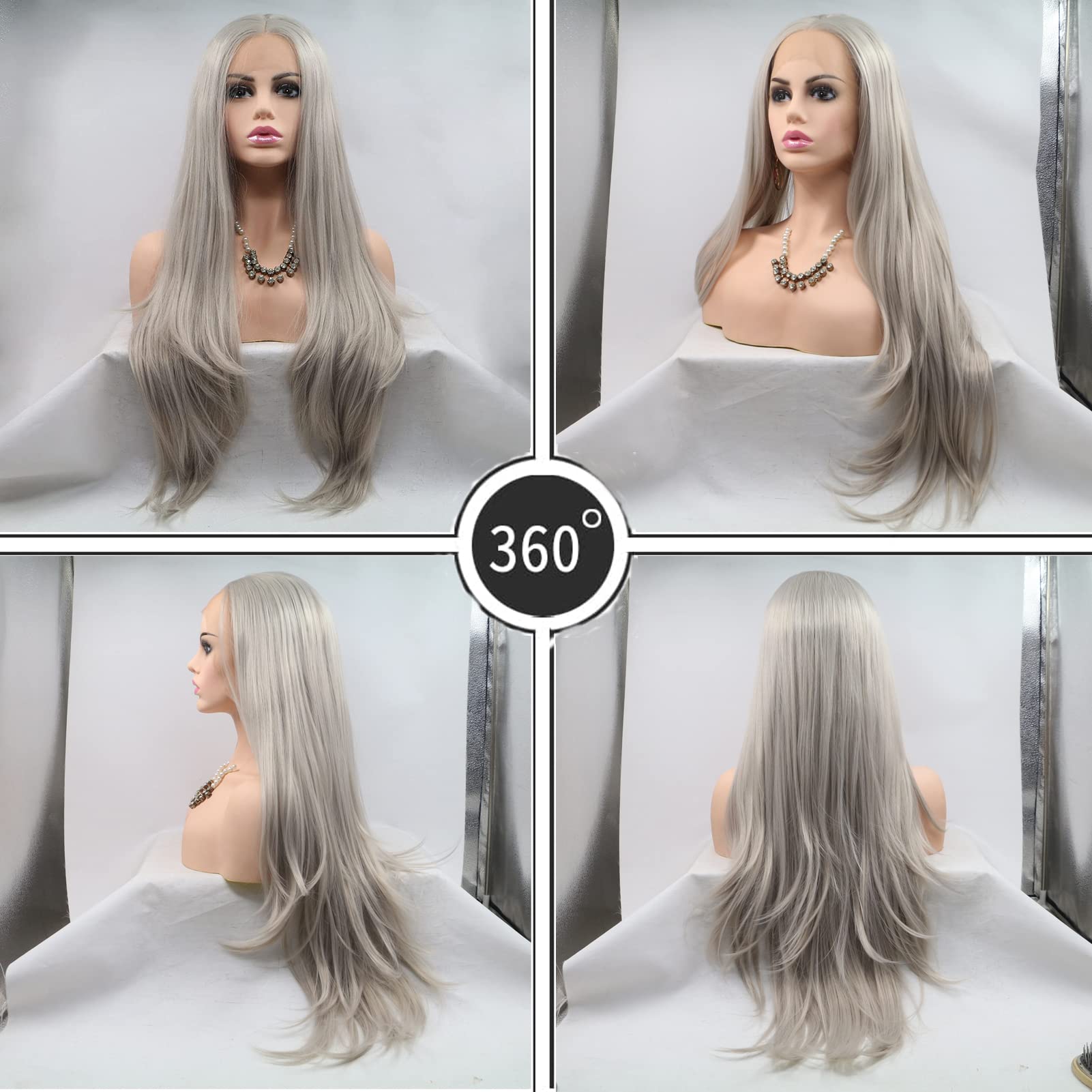 AFBeauty Lace Front Wigs for Women Grey Silver Wigs Long Natural Straight Gray Wig Ash Platinum Blonde Real Hair Wig Glueless Pre Plucked Hairline Synthetic Heat Resistant Drag Cosplay Daily 24 Inch - Image 3