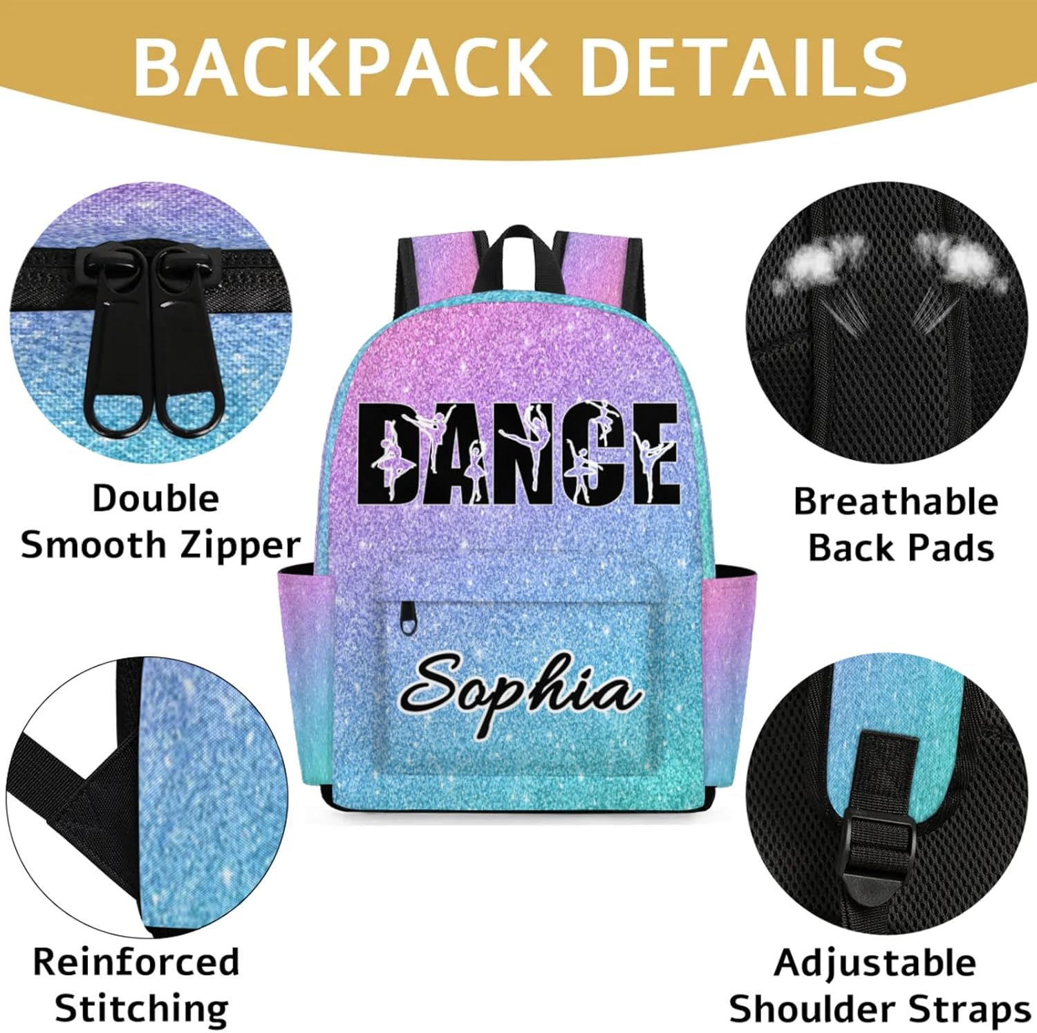 Personalized Dance Backpack Bag for Women, Custom Large Capacity Shoulder Bags, Waterproof Ballet Casual Daypack, Colorful Glitter