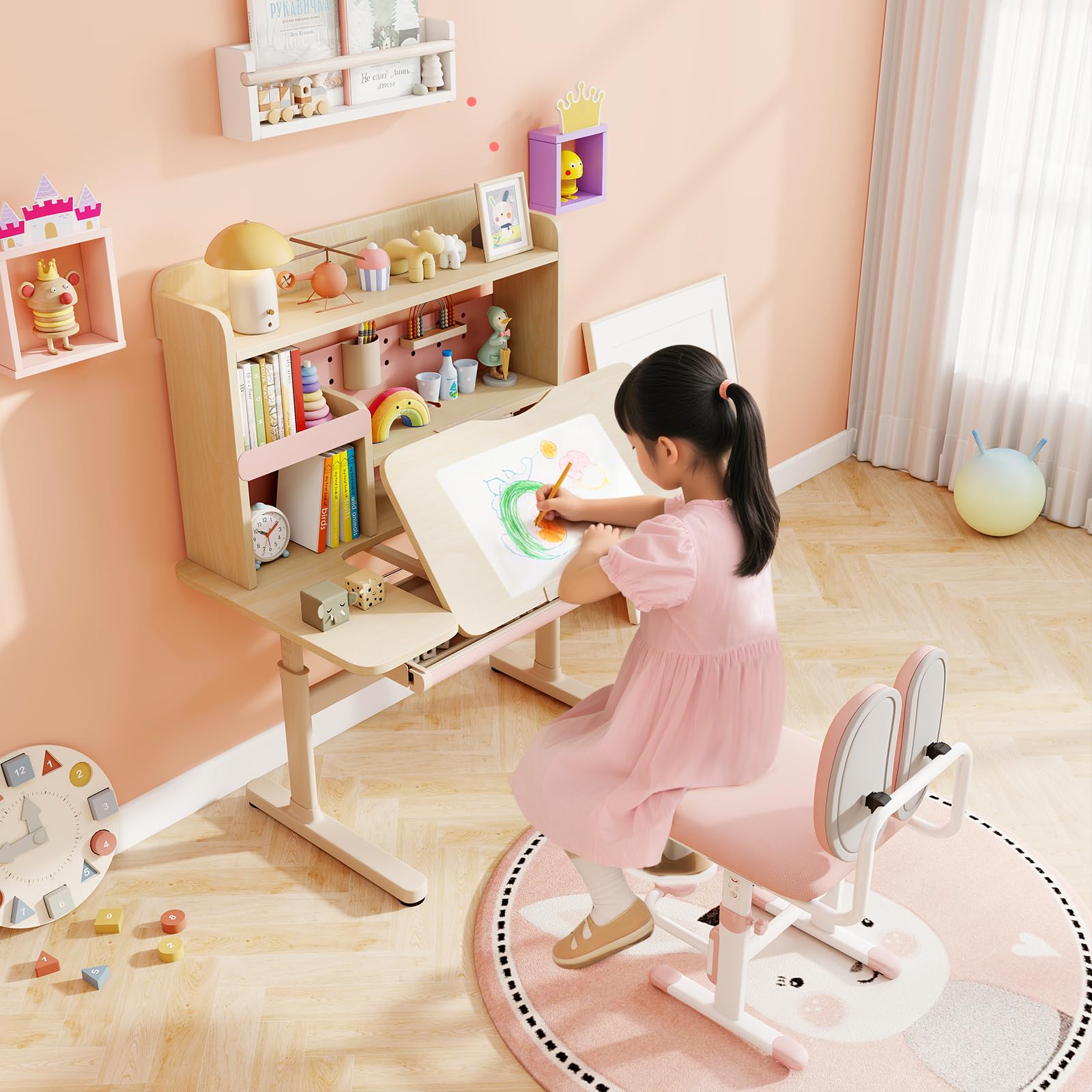 LIFEZEAL Scrivania Bambini 3-12 Anni, Banco Scuola, 100x60cm, Ergonomico, Altezza Regolabile, Piano Inclinabile, con Libreria, Leggio per Libri, Cassetto, Tavolino da Studio, per Cameretta (rosa)
