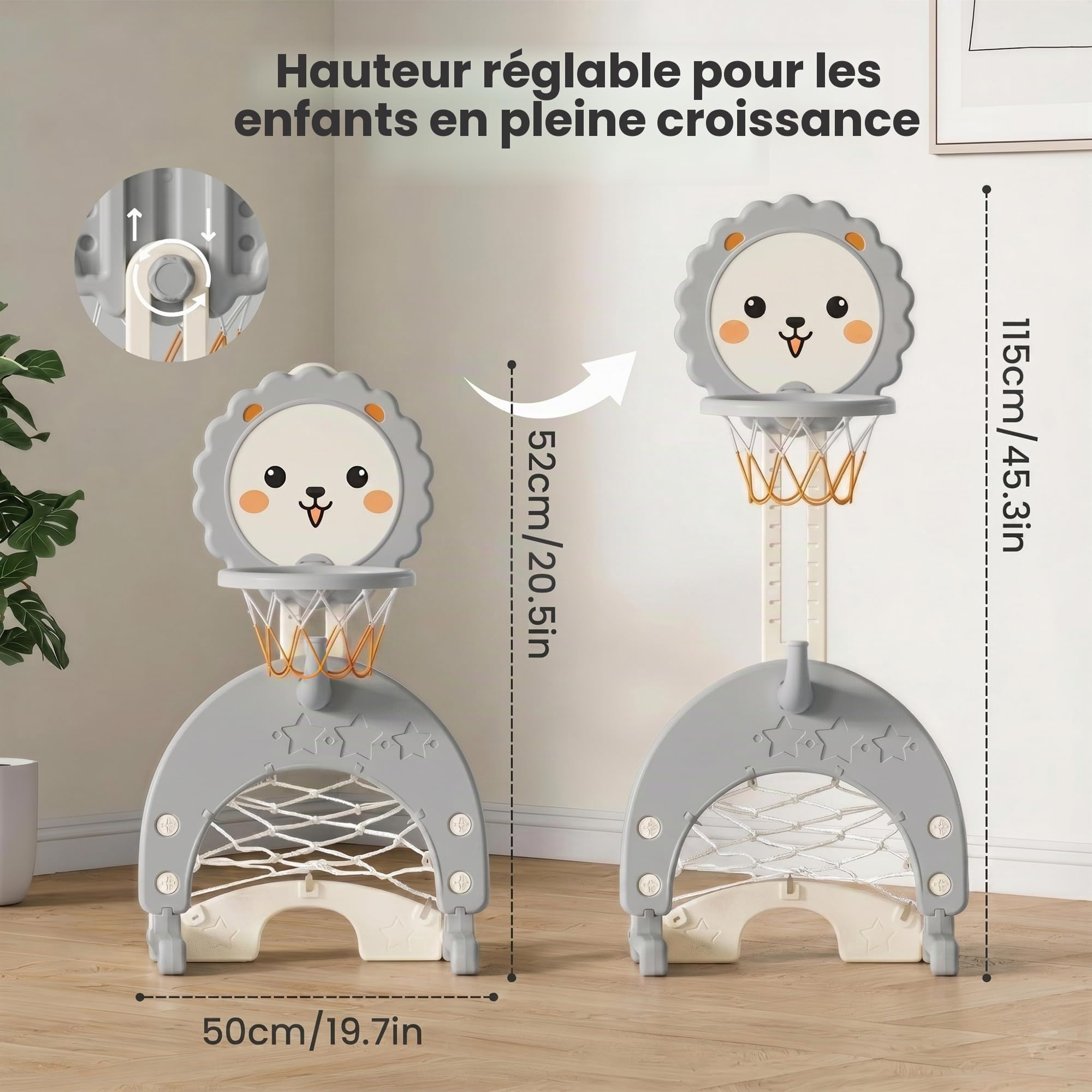 3 en 1 Panier de Basket Enfant - Hauteur Réglable avec But de Football et Lancer d’Anneaux, Mini Panier de Basket, Intérieur et Extérieur, pour Tout-Petits, Gris
