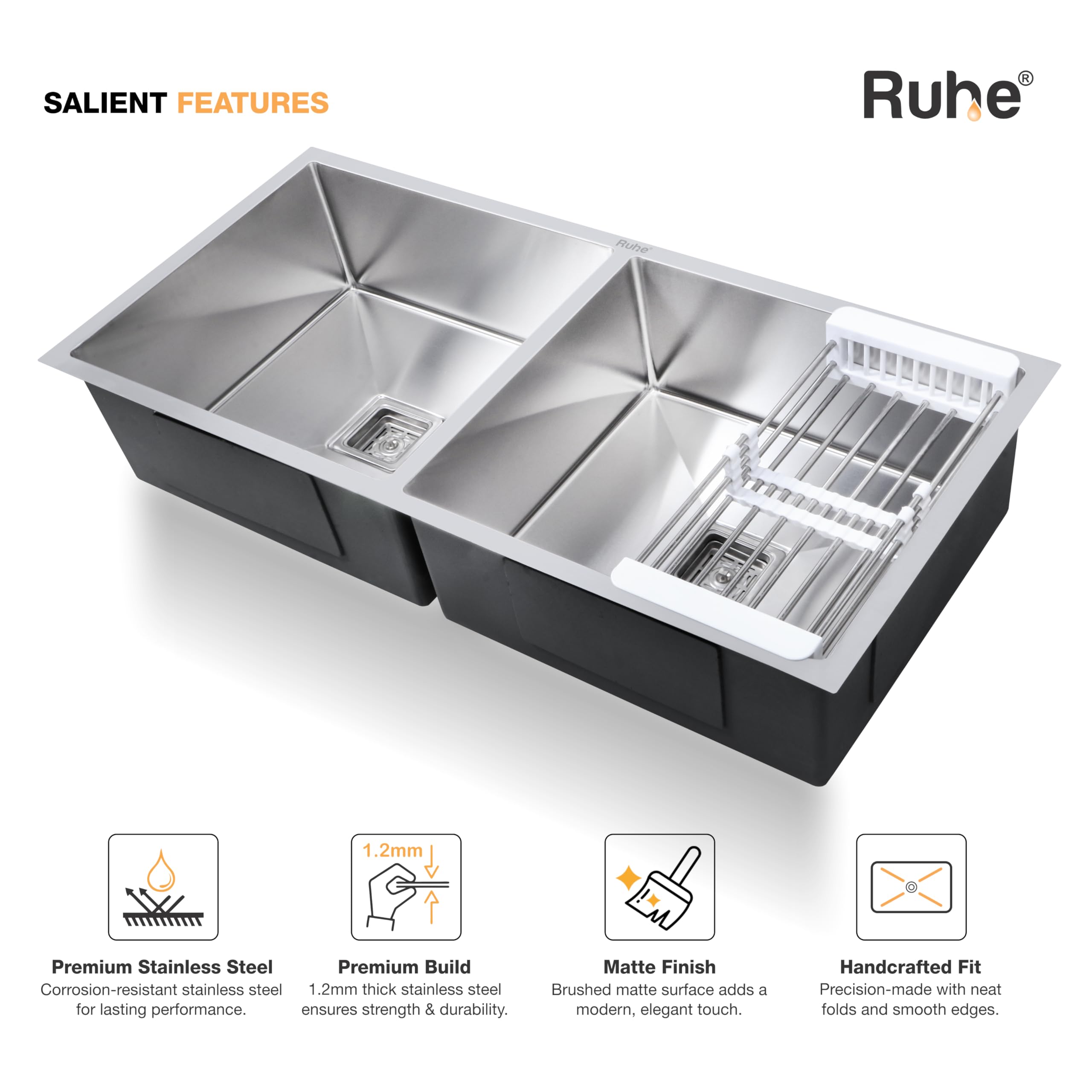 Ruhe Double Bowl Stainless Steel Kitchen Sink - Handmade & Durable -3