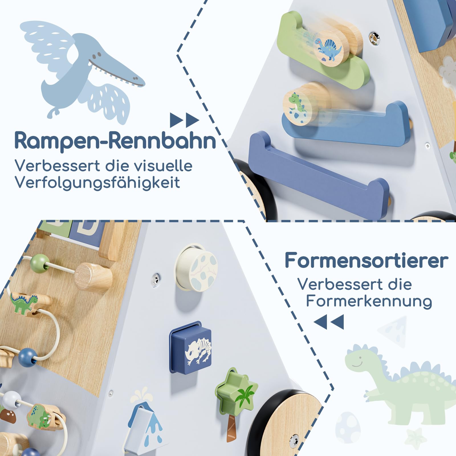 Lehoo Castle Lauflernwagen Holz mit Bremse, Dinosaurier Laufwagen ab 1 Jahr | Einstellbare Bremse, 9-in-1 Activity Center, Einfache Montage, Montessori inspiriertes Spielzeug, Geschenk 1 Jahr Jungen