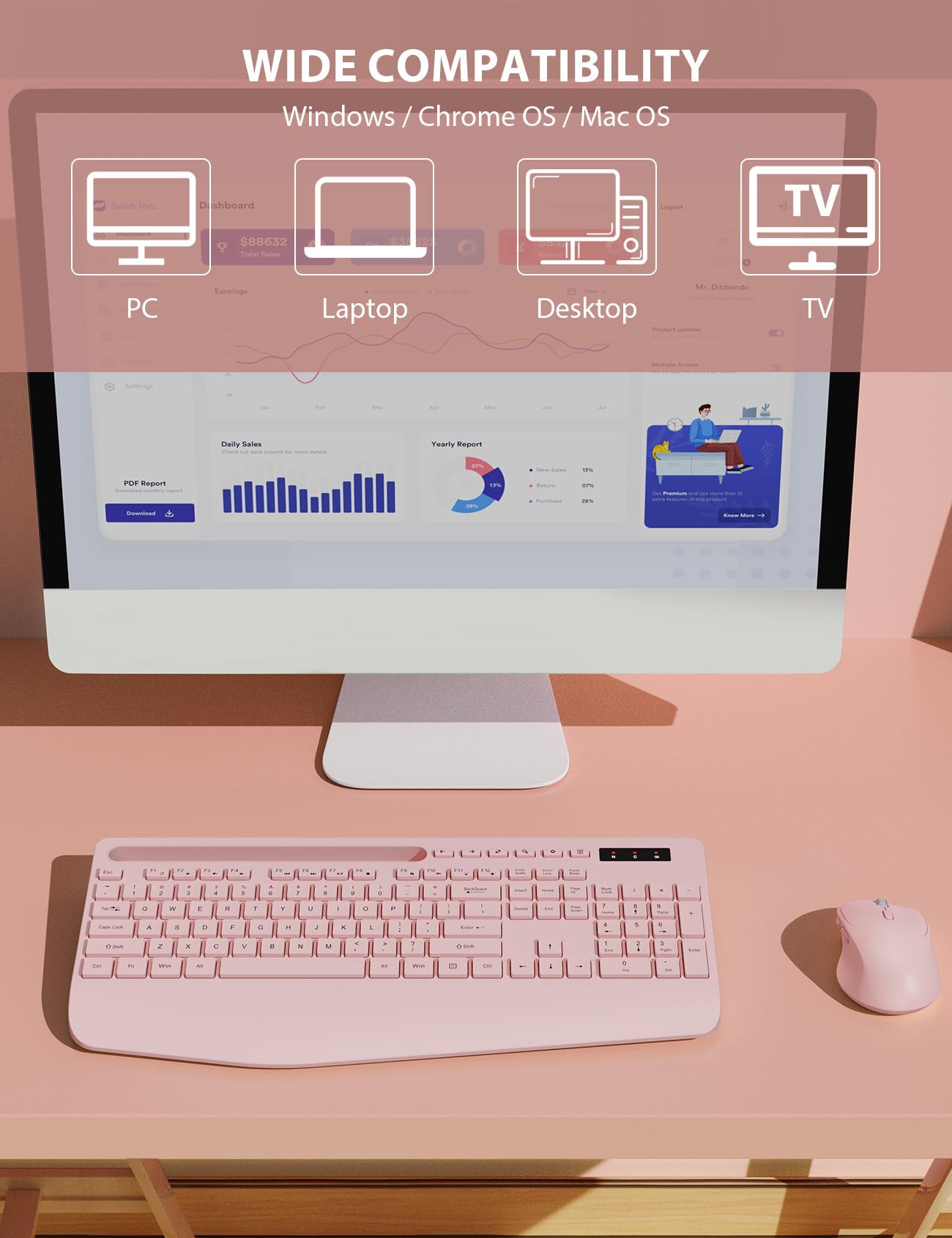Bezprzewodowa klawiatura i mysz – pełnowymiarowa ergonomiczna klawiatura z podpórką pod nadgarstek, uchwyt na telefon, tryb uśpienia, bezprzewodowa klawiatura i mysz 2,4 GHz, cicha, do komputera