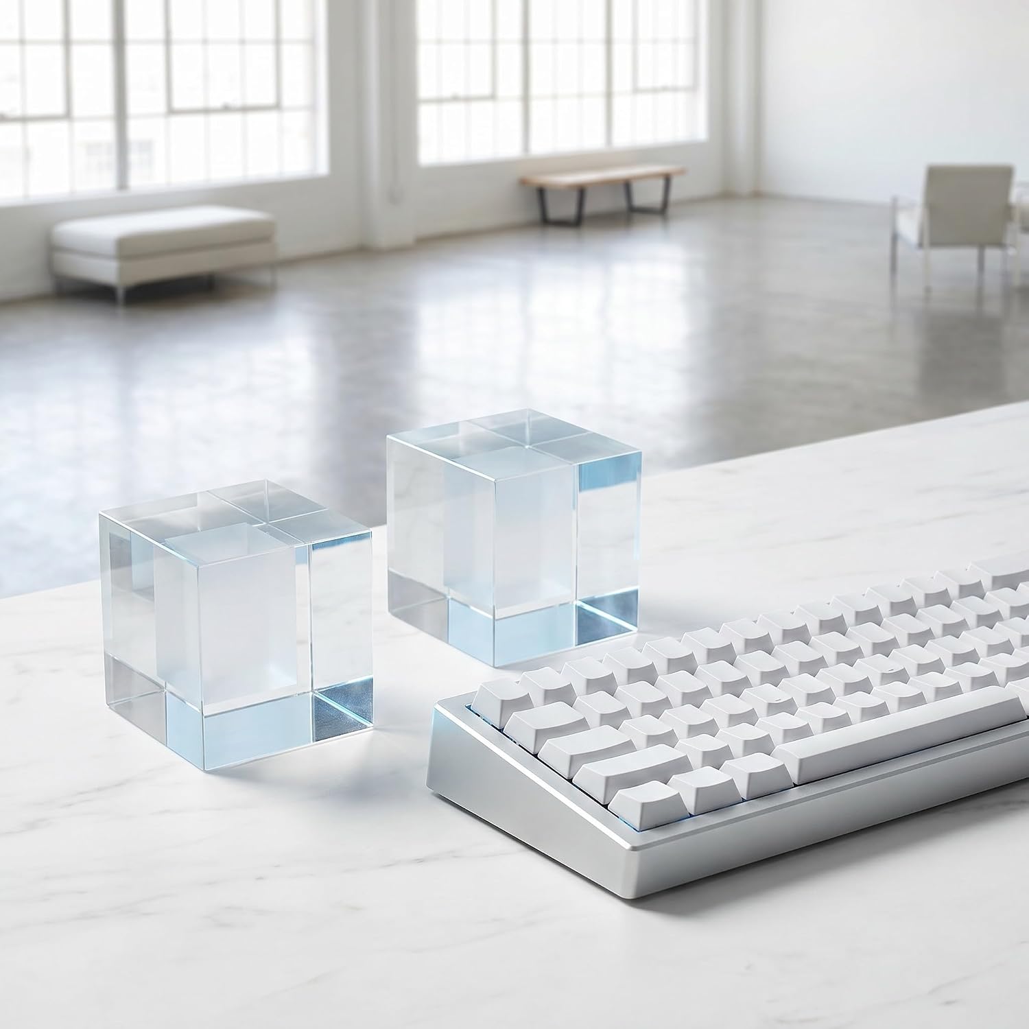OSALADI 2pcs Square Crystal Display Cubes with Polished Surface, Multipurpose White Crystal Riser Stands for Jewelry, Collectibles, Table Centerpiece, and Food Party Display