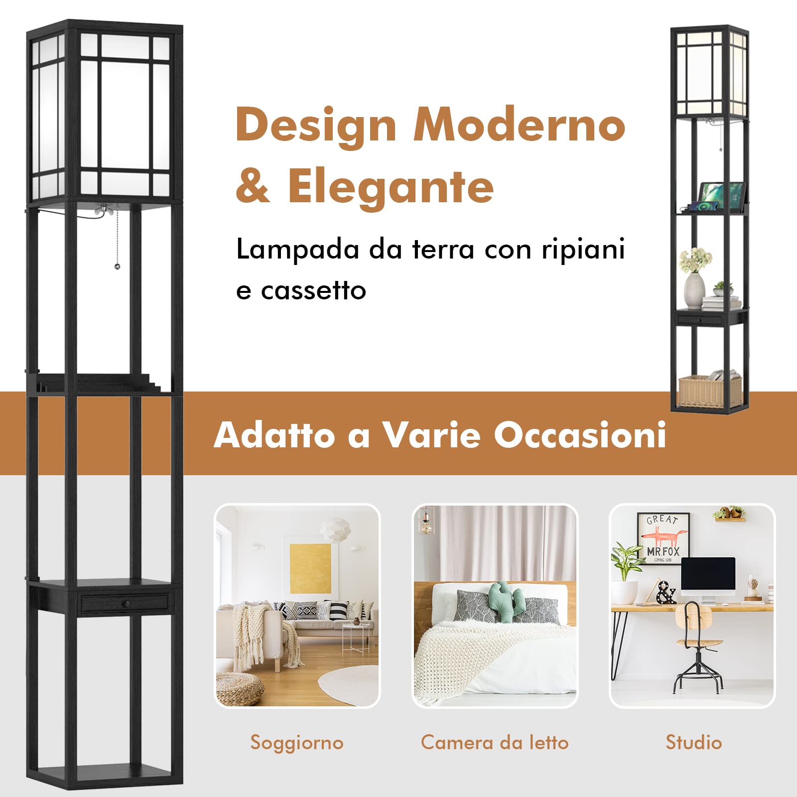 GYMAX Lampada da Terra a Mensola, con 3 Ripiani, Porte di Ricarica USB e 1 Cassetto, per Soggiorno, Camera da Letto, Design Vintage e Moderno, Nero (Stile 1)