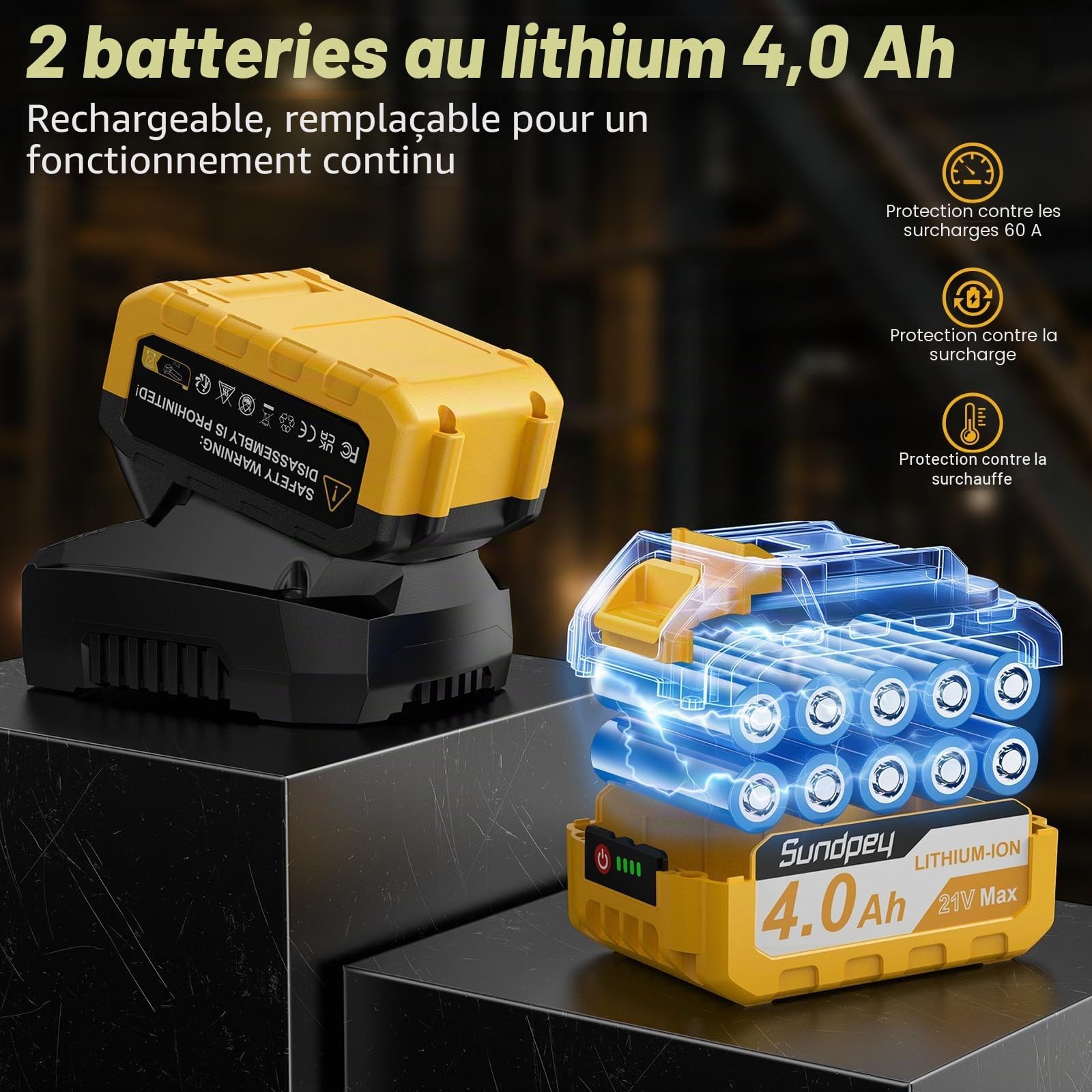 Sundpey Perceuse Visseuse Percussion Sans Fil 21V - Max 2150RPM Brushless Visseuse Devisseuse Sans Fil avec 2 Batteries 4.0Ah, 20+3 Réglages de Couple, 13mm Mandrin, 2 Vitesses, Led, pour Bricolage