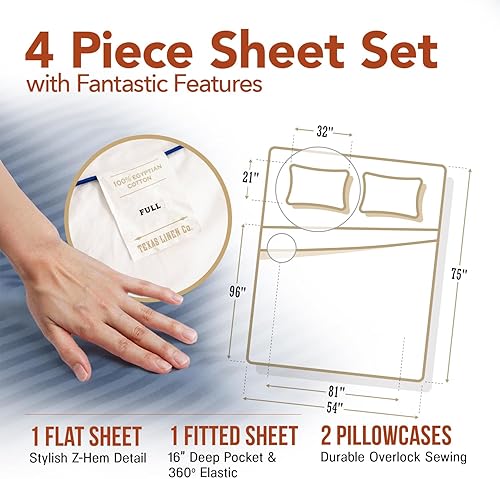 Miniatura 5 de TEXAS LINEN CO. Juego de sábanas de lujo de algodón egipcio a rayas, juego de 4 piezas de fibras extralargas de 600 hilos, sábanas de damasco azul,