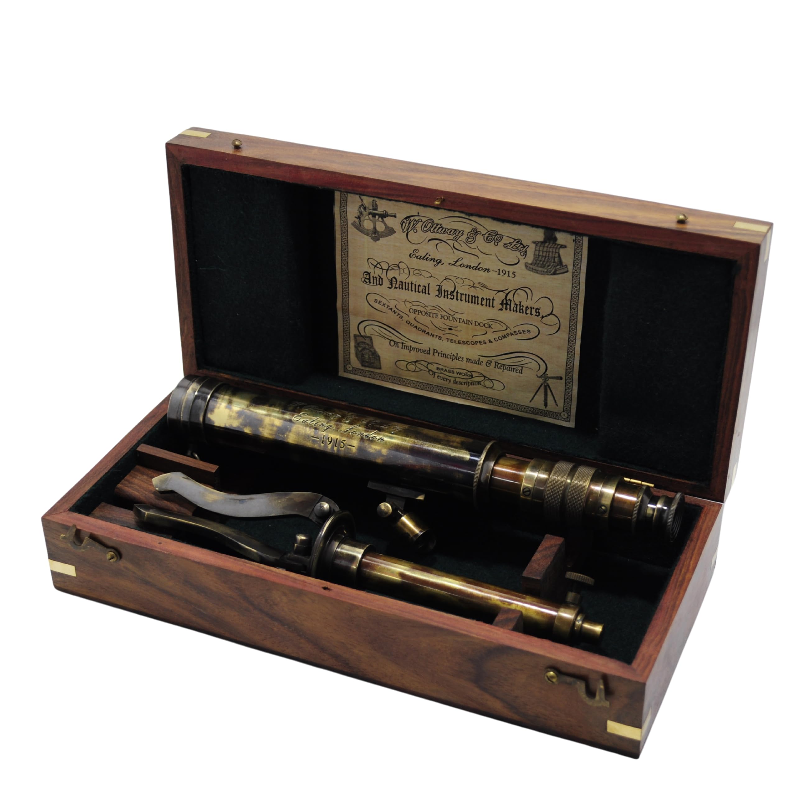 W. Ottway & Co. London 1915 Antique Brass Telescope Vintage Look with Tripod Stand-10 Inch, High Magnification w/Glass Optics, Functional Instrument for Home Decor, Table Accessory