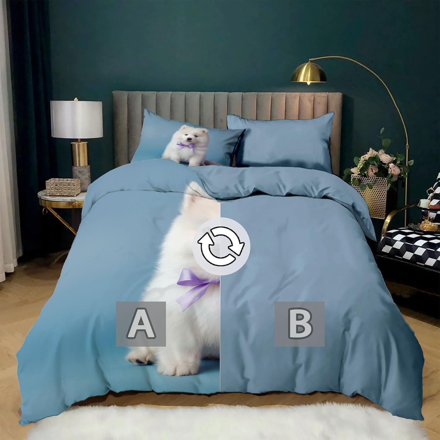 Samoyed Poszewka na kołdrę 225 x 225 cm, poszewka na kołdrę dla psa, 3 szt., dwustronny zestaw pościeli 3D z nadrukiem zwierzęcym, ultramiękki zestaw pościeli ze szczotkowanej mikrofibry, dekoracja