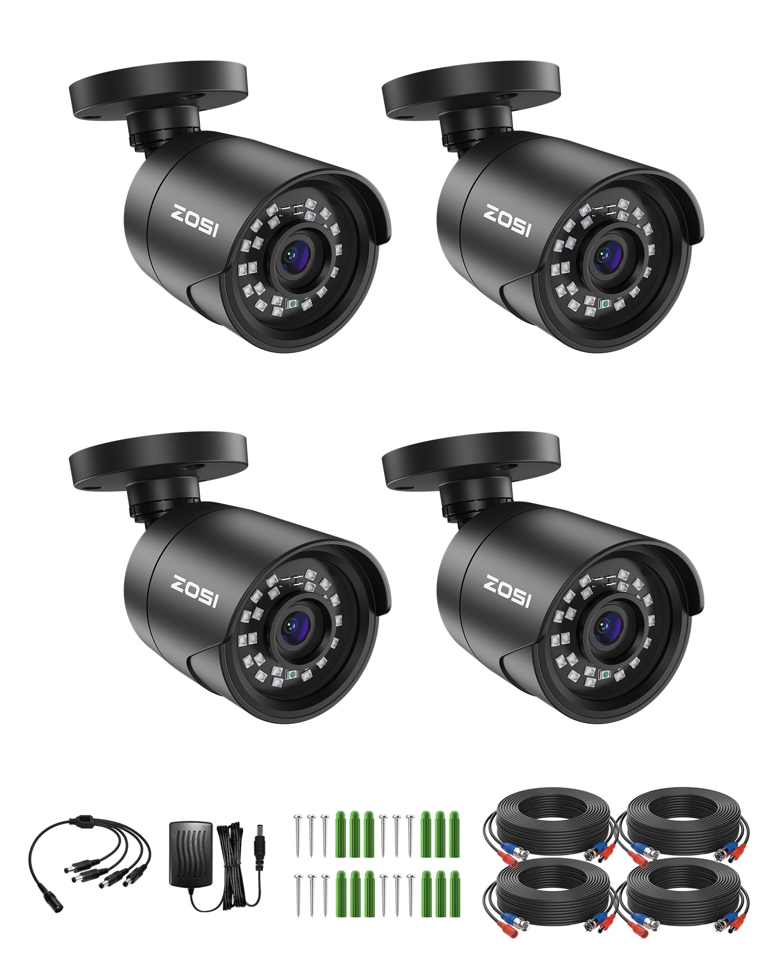 ZOSI 4 x 2MP 1080p Home Security Camera Outdoor Indoor, 1920TVL HD CCTV Bullet Camera, 100ft Night Vision, 90° Wide Angle, IP66 Weatherproof