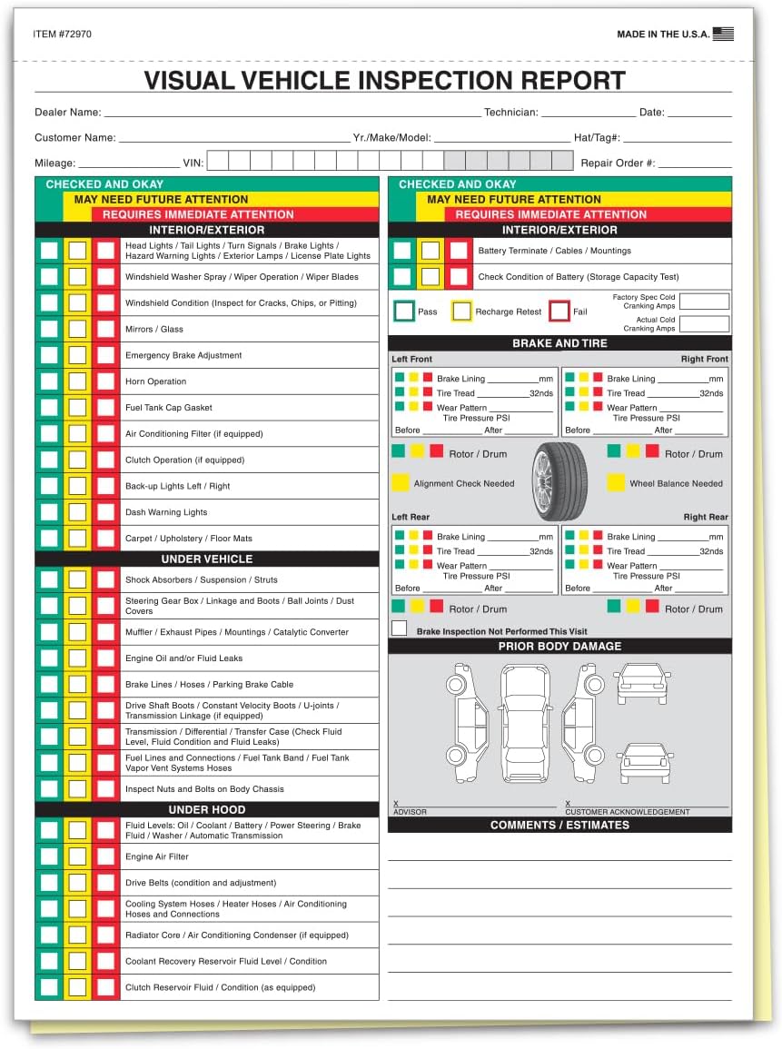 Visual Vehicle Inspection Report Forms - 2 Part Carbonless Auto Inspection Checklist Sheets - Multi Point Vehicle Checkup & Service Inspection Forms, Snap-Out White Canary 8.5 x 11 - Pack of 1000