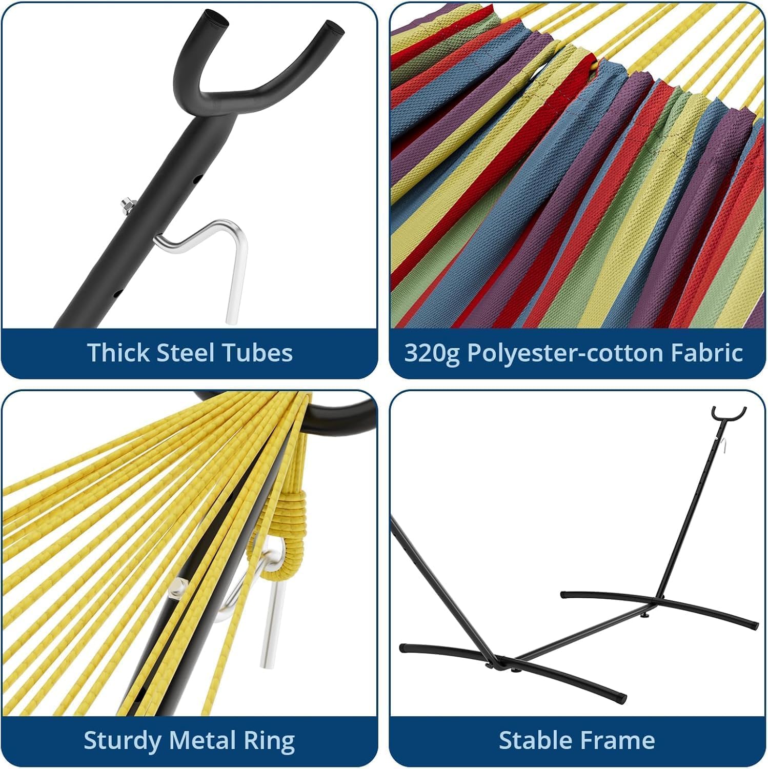 Portable Hammock with Stand for Outside, 450lbs Heavy Duty Camping Hammock, Adjustable Steel Frame & Poly-Cotton Fabric, Carry Bag Included, for Patio, Garden, Backyard, Yellow Rainbow Stripes
