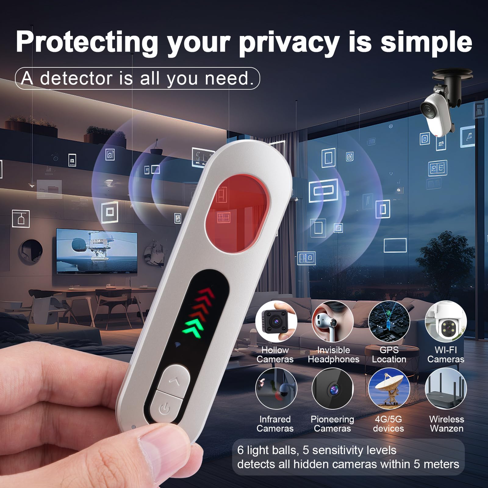 Wanzen Detektor 5-in-1 mit 6 Empfindlichkeitsstufen, Versteckte Kamera Detektor, Mit Display,RF- und GPS-Tracker Finder, Tragbarer Abhörgerät Detektor für Hotel, Büro, Reise