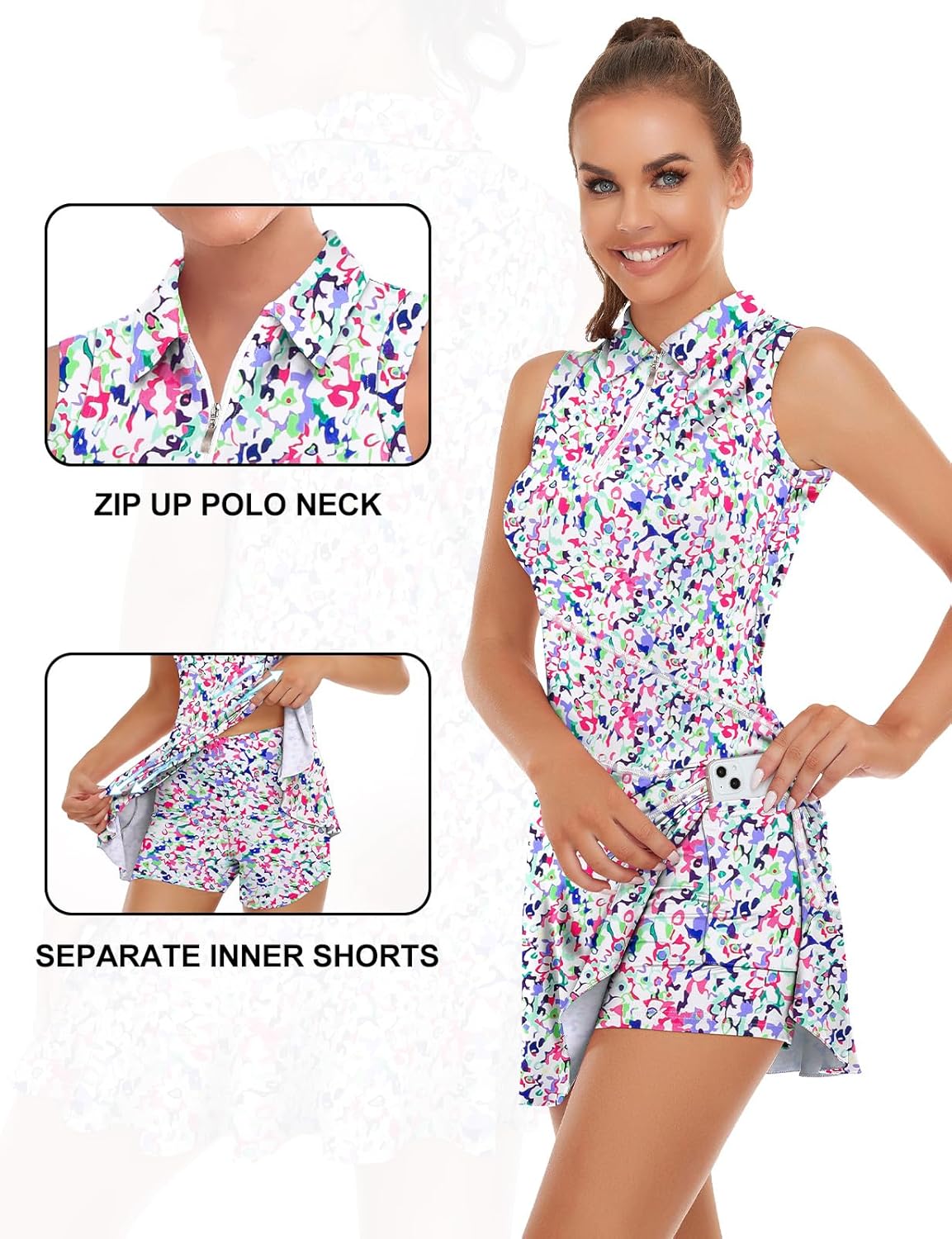 Misyula Tennis Dresses for Women,Athletic Dress with Shorts 2Pockets Zip Up Polo Sleeveless Golf Workout Dress(XS-XL) - Image 4