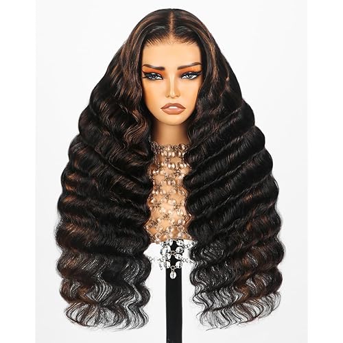 Arabella Highlight Lace Front Wig Human Hair 5x6 1B/30 Ready to go Glueless Wigs Human Hair Pre Cut Lace 210% Density Real Pre Bleached Loose Curly Wave Wig (30inch, 5X6 Loose Curly Wig)