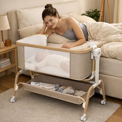 Miniatura 8 de Moisés mecedor para bebé, cuna portátil desmontable y cuna ajustable con 8 alturas, malla transpirable, cesta de almacenamiento y juguete móvil para