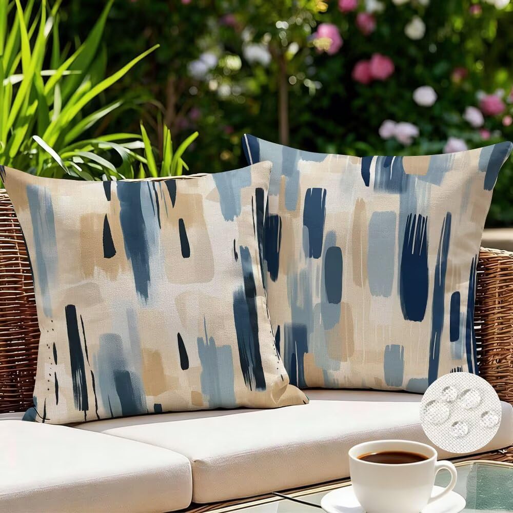 Outdoor Cushion Covers 60cm x 60cm Blue Garden Cushions Waterproof Abstract Throw Pillow Cases Set of 2 Vintage Cushion Cover Linen Sofa Cushions Decorative Throw Pillows for Garden Patio (IU194)