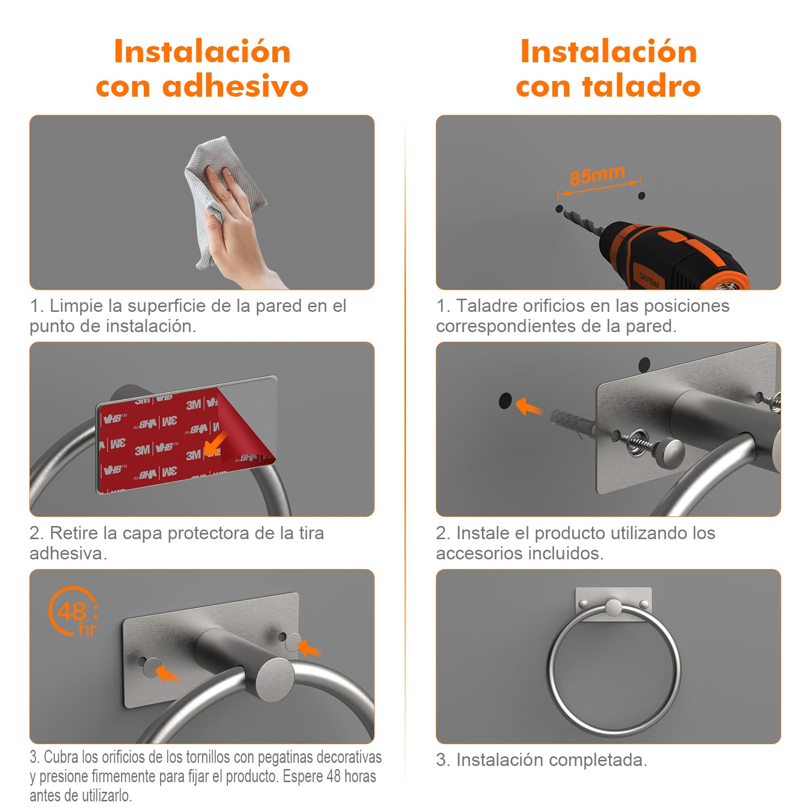 Ibergrif M34455A Toalleros Adhesivo, Dos métodos de instalación (Adhesivo y Perforación), Toallero de Anilla Baño Sin Taladro, Acero Inoxidable, Cepillado — view 7