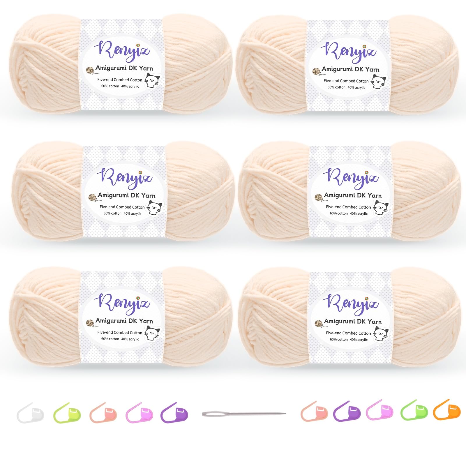 Renyiz Crochet Yarn, 6 x 50g Cotton Yarn (60% Cotton & 40% Acrylic) DK Wool for Crochet with Accessories, Suitable for Baby Wool Crafts & Knitting Cream — image 1