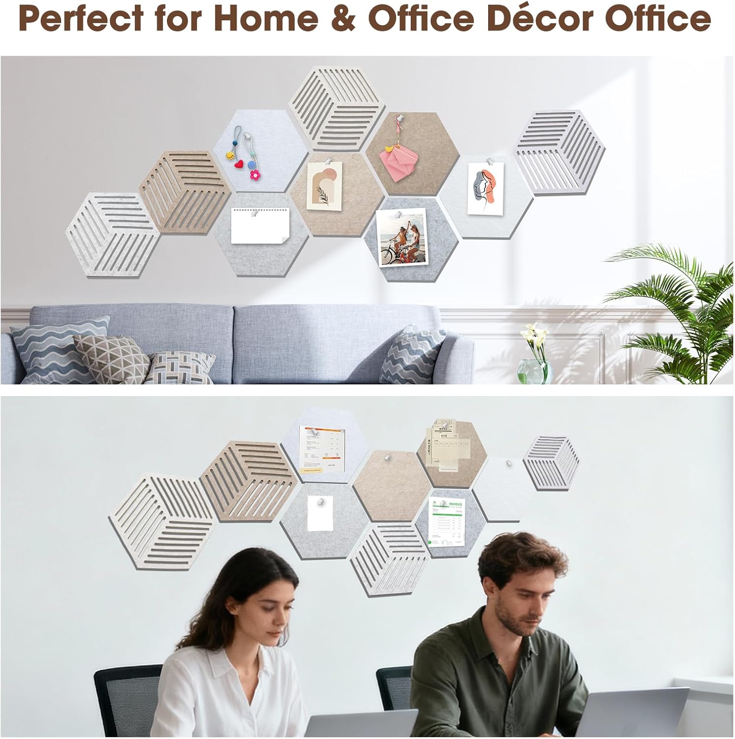 16 Pcs Hexagon Cork Boards for Walls Decor, 12“ Board Tiles Adhesive Cork Bulletin Board Tiles with 100 Pins for Office School Home Wall Decor Stickers Photos Display