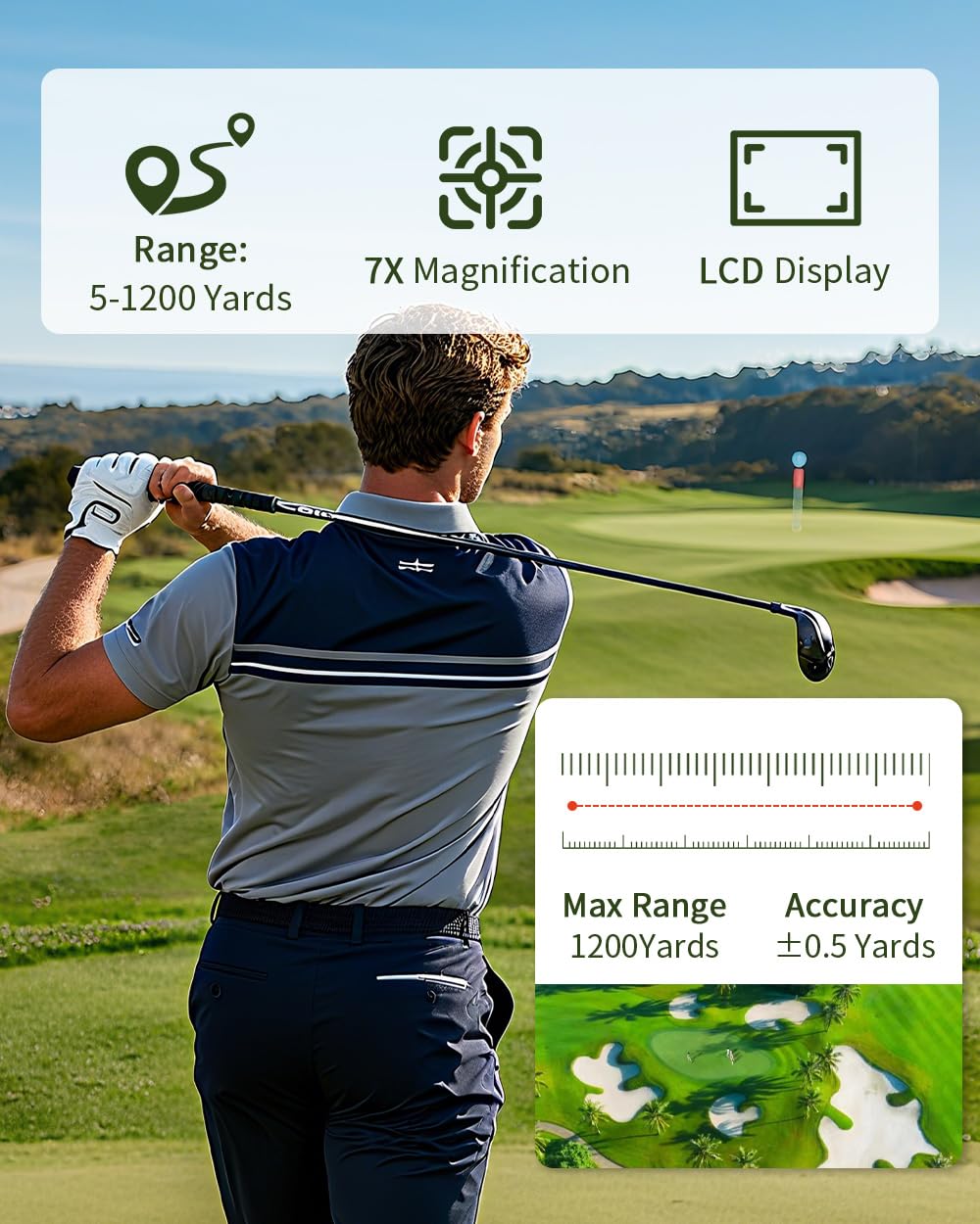 Lensaylx Télémètre laser de golf avec pente, grossissement x7, verrouillage du mât de drapeau, étanchéité IPX4, batterie rechargeable, bande magnétique pour golf et chasse 1 200 m