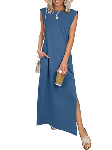 ANRABESS Women Summer Casual Sleeveless Maxi Dress 2026 Crewneck Loose Split Wrinkle-Free Beach Travel Vacation Long Sun