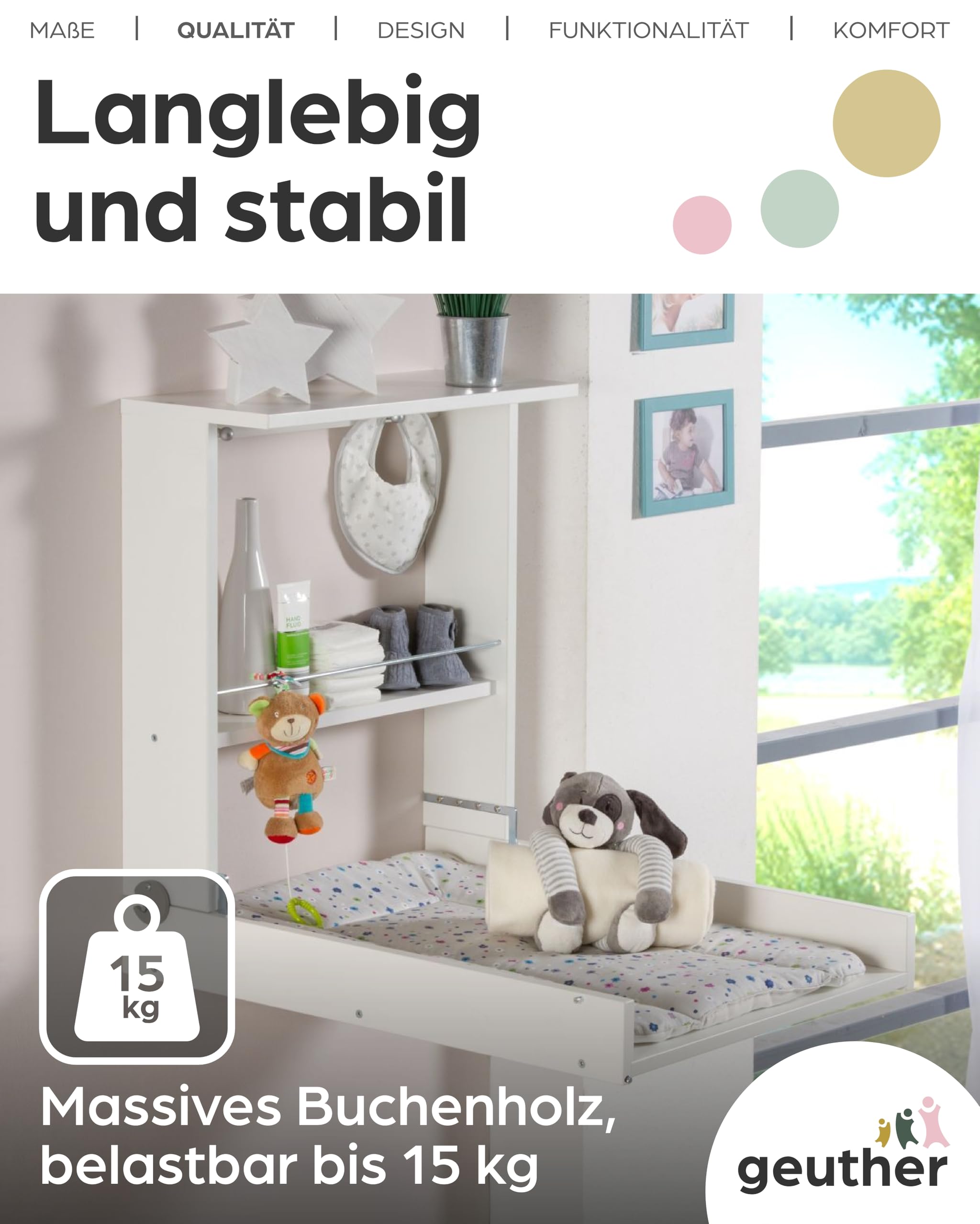 Geuther Wand Wickelregal Wicki I Wickeltisch klappbar inkl. Wickelauflage I Platzsparende Wickelkommode klappbar für Babyzimmer I Wandwickeltisch mit Regalfach I Wickelunterlage abwaschbar | Natur