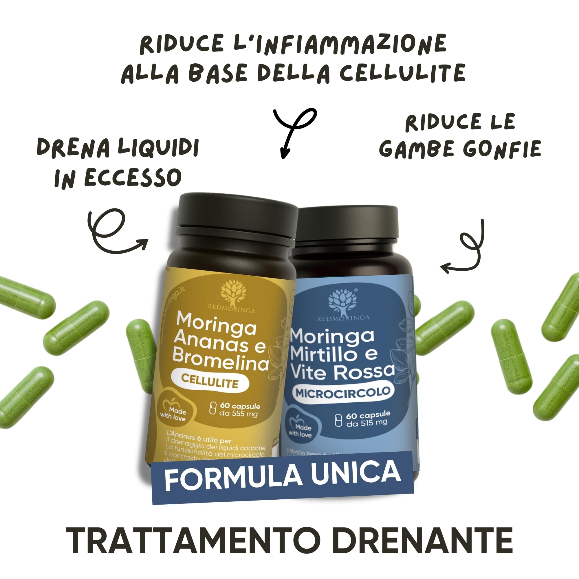 Trattamento Anticellulite Drenante - Bundle Integratore Ananas Moringa e Bromelina 5000 GDU & Integratore Mirtillo Nero e Moringa (120 Caps. Cellulite + Microcircolo) - RedMoringa