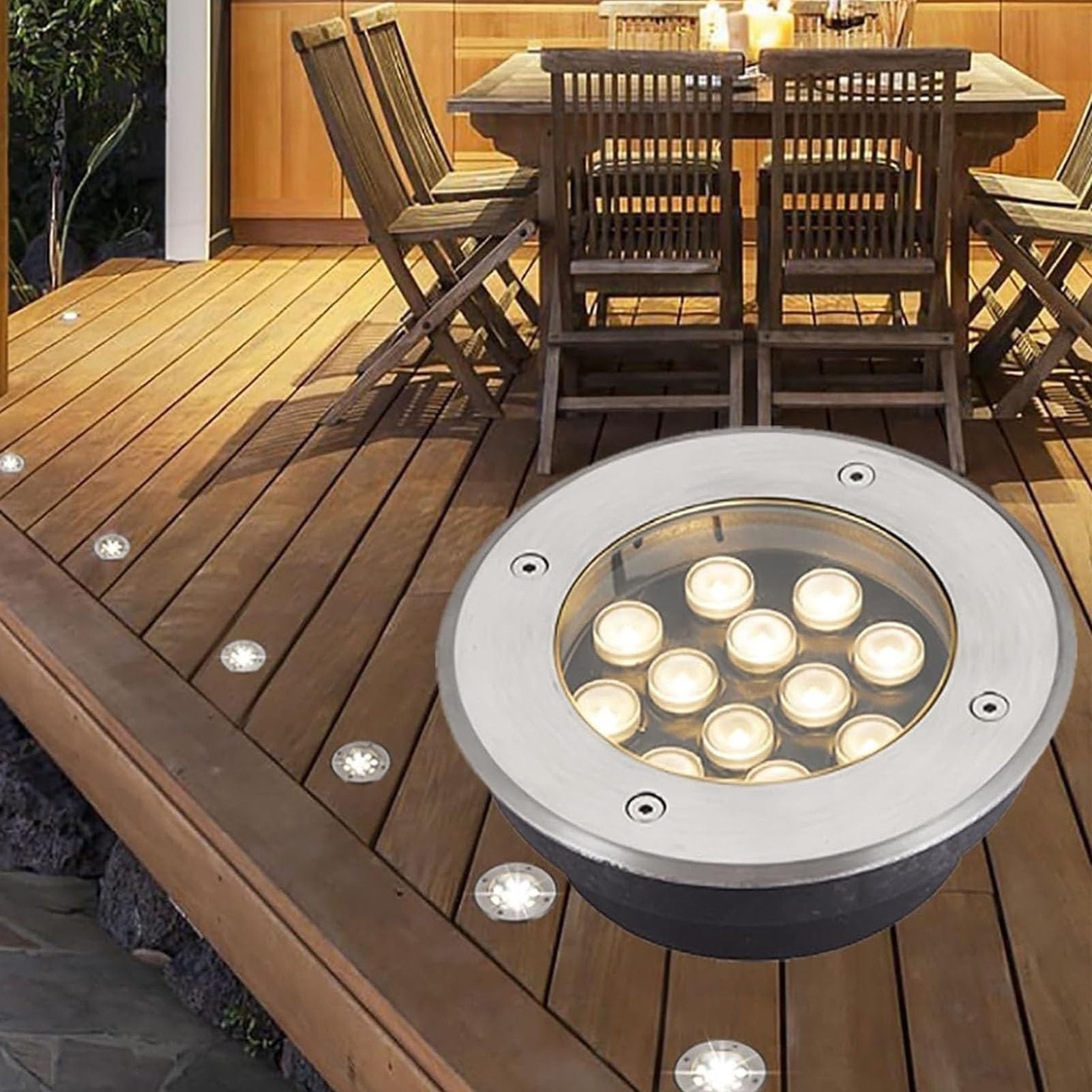 Lampa ogrodowa LED, 48 W, IP67, wodoszczelna, okrągła, do zabudowy, do użytku na zewnątrz, żółte oświetlenie drogi i podwórza, idealna do chodników i tarasów