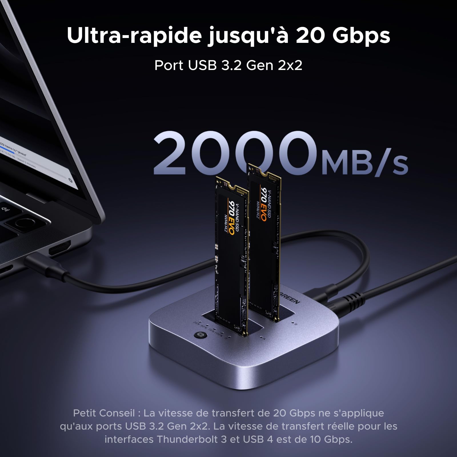 UGREEN Station d'accueil M.2 NVMe 20Gbps, USB 3.2 Gen 2 Boîtier SSD NVMe Dual Bay pour SSD PCIe M/MB Key Prise en Charge Clonage Hors Ligne, UASP, Trim et S.M.A.R.T.