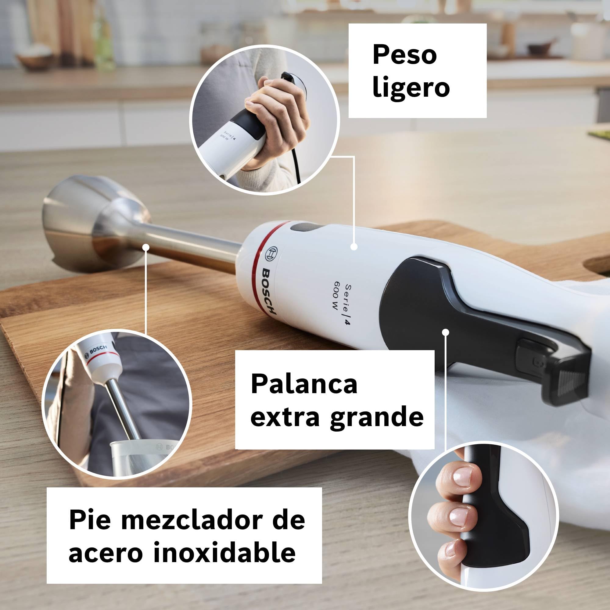 Bosch - Batidora de mano ErgoMaster Serie 4, 600 W, Control de velocidad con una mano, Cuchillas QuattroBlade, Vaso medidor incluido, Blanco, MSM4W220