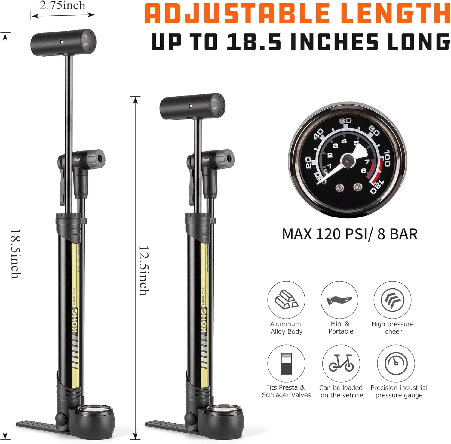 KONG MING CAR Bicycle Pump, 120 PSI Bicycle Pump, All Valves, Compact for Presta and Schrader and Dunlop Valves, Mini Bicycle Floor Pump for Road Bike, Mountain Bike 5 716mFCBGmTL. AC SL1500