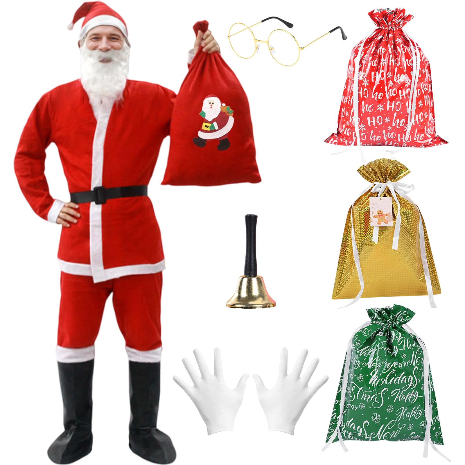 Harsever 13PC Santa Claus Costume for Men Luxury with red sack, Beard,glasses,bells,boots,Hat,Belt,3 x regular sack,1 pair of white gloves,Perfect for Christmas Fancy Dress & Holiday Parties