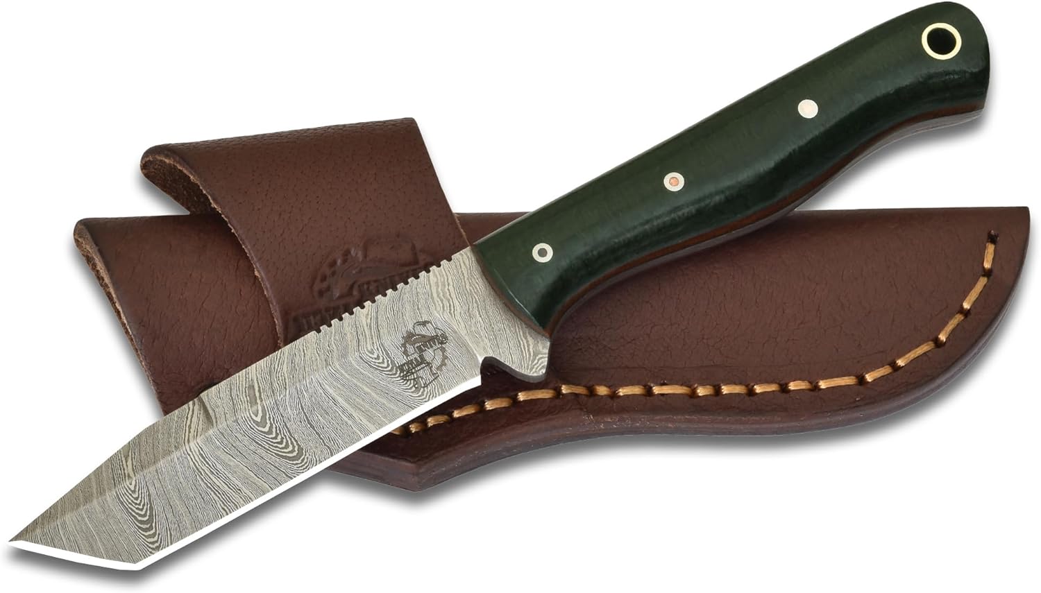 Knives Ranch Handmade 7 inch EDC Tanto Knife - Full Tang Damascus Steel Blade - Compact Everyday Ranch Utility Knife - Kale Handle - Genuine Leather Sheath - Horizontal Belt Carry (Snug Fit) (3184-KALE)