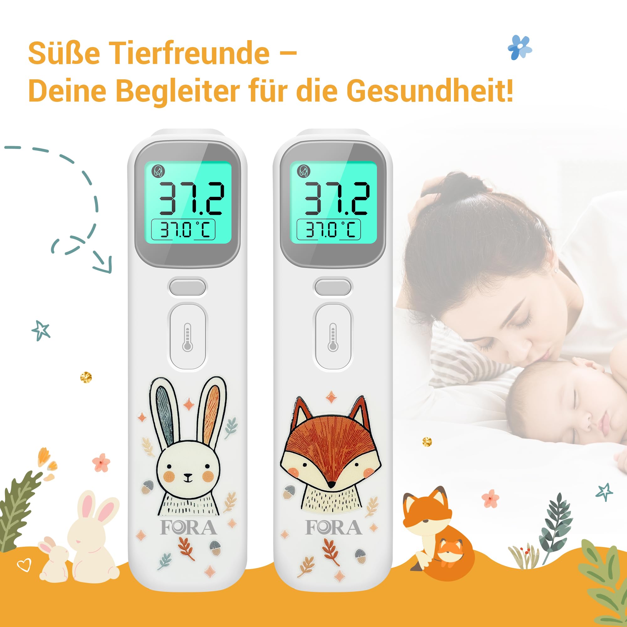 FORA Fieberthermometer Baby & Digital - Multi-Funktionsthermometer für Ohr und Stirn mit Farbcode-Fieberanzeige, Lautlosmodus, Speicherfunktion – Hygienisch & Kompakt für junge Mütter
