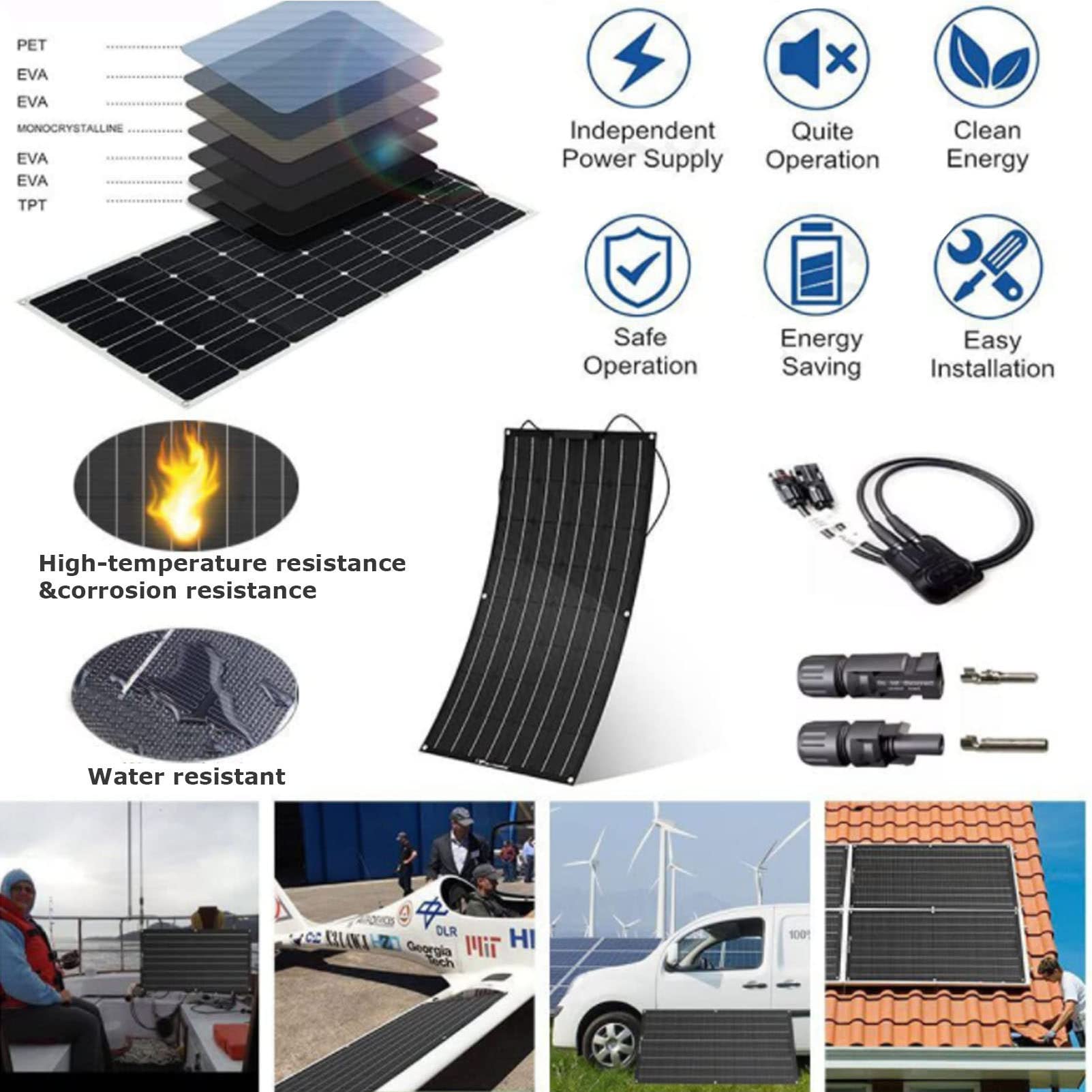 Kit de Panel Solar 200W Sistema de energía Solar Panel Solar monocristalino con Controlador de Cargador y Cable Solar para Autocaravana RV Boat Camping