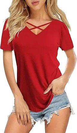 DittyandVibe Women's Short/Long Sleeve V Neck Criss Cross T-Shirt Tops