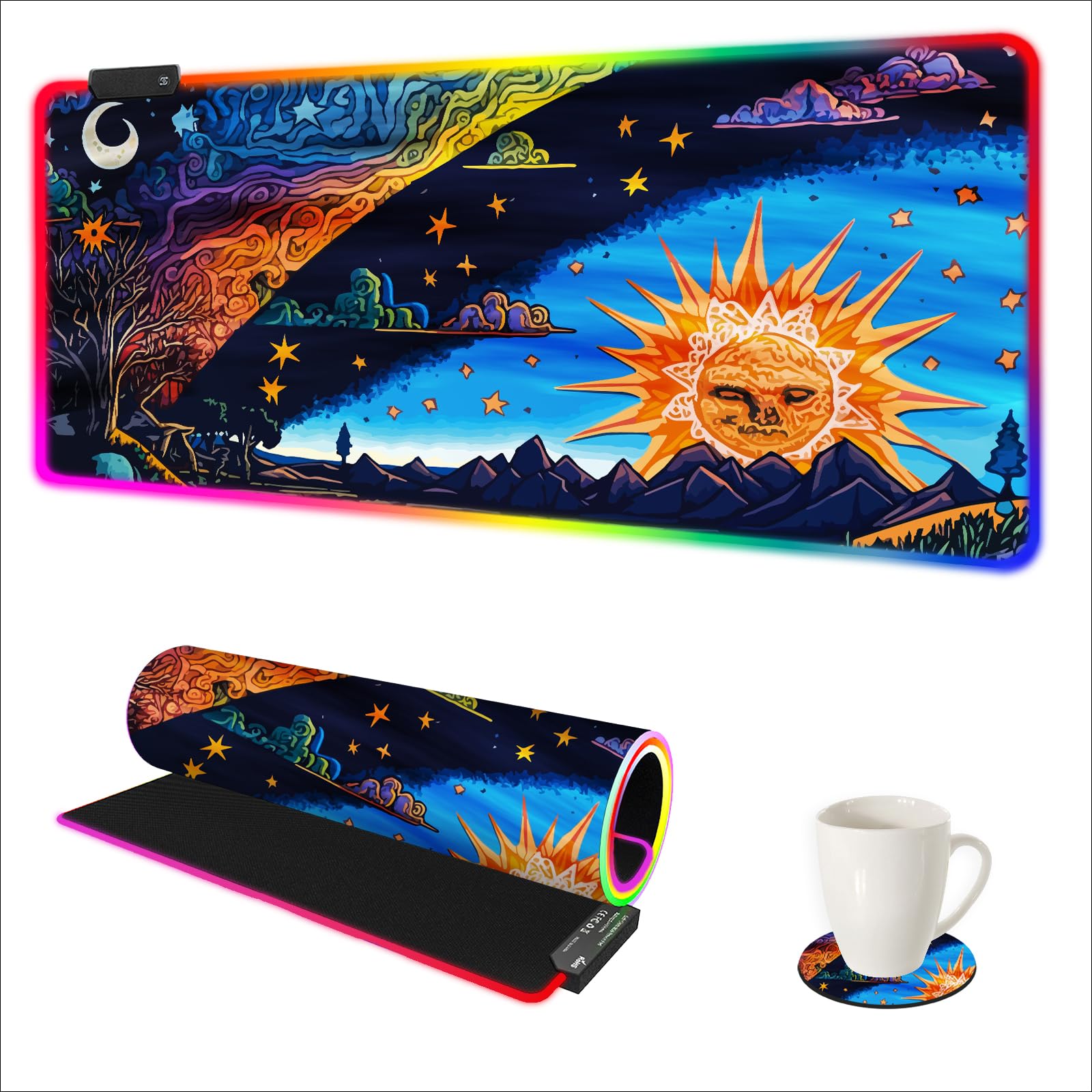 AIMSA Duża gamingowa podkładka pod mysz RGB z klawiaturą LED pod mysz rozszerzona 89 x 40 cm antypoślizgowa gumowa podstawa z 14 trybami oświetlenia, mata na biurko, abstrakcyjne słońce