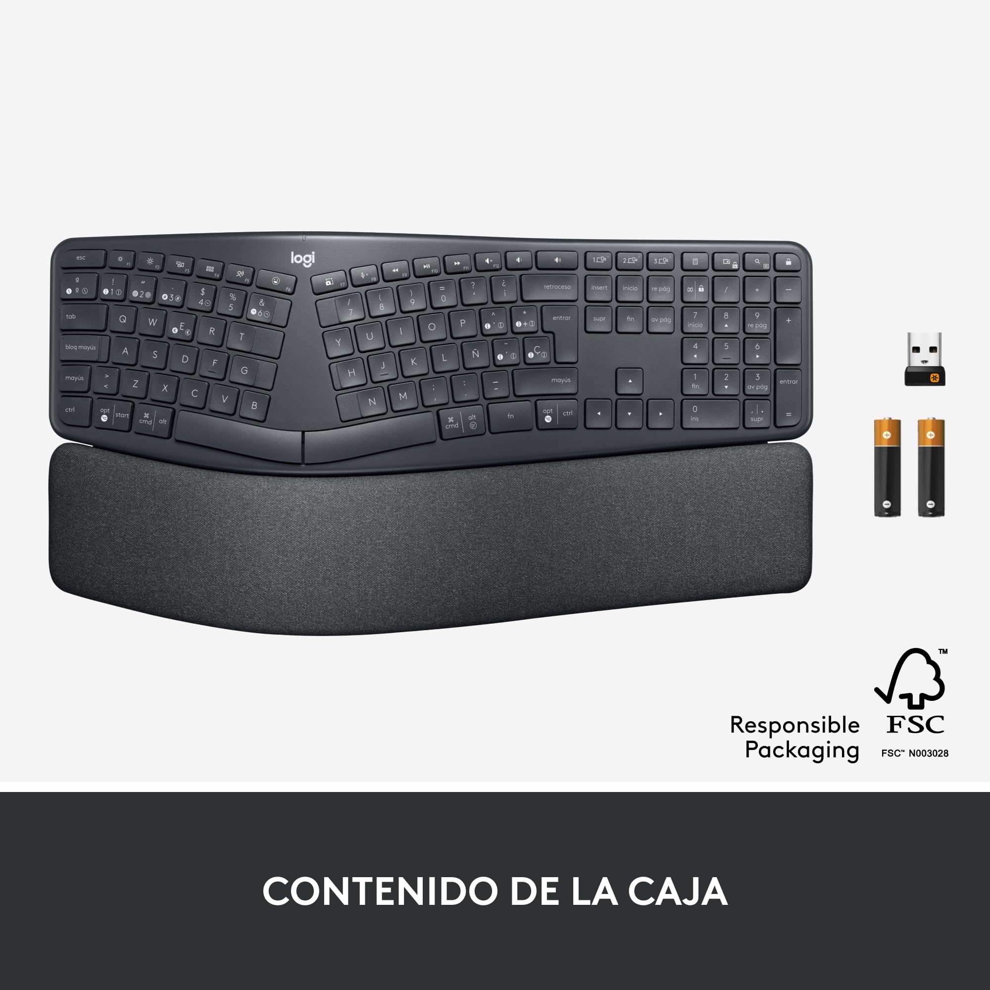 Logitech Ergo K860 Teclado inalámbrico y ergonómico - Teclado Partido, reposamanos, Escritura Natural, conectividad Bluetooth y USB, Compatible con Windows/Mac, Disposición QWERTY Español - Grafito