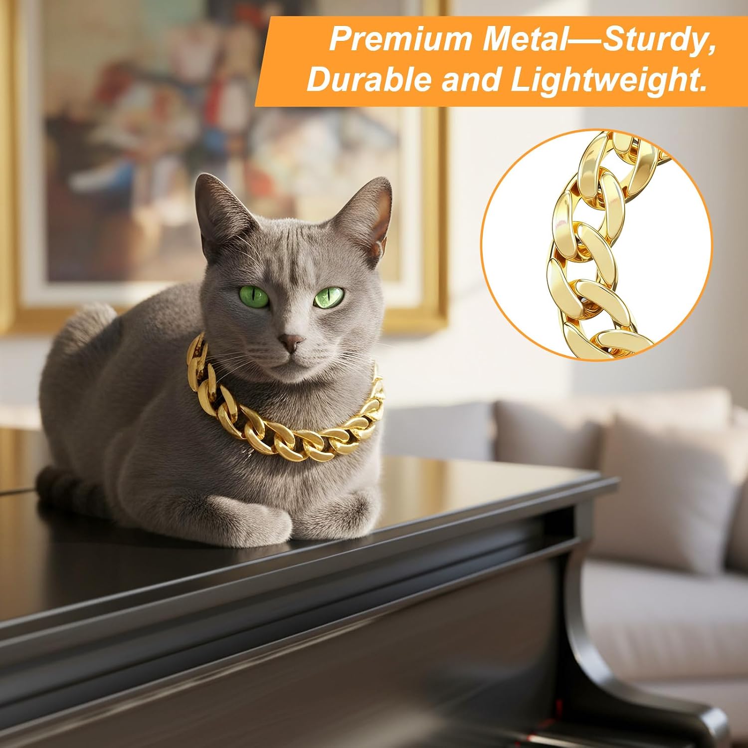 JIEYAO Gold Cat Chain Collar, Adjustable Cuban Link Necklace for Cats Gold Chain for Cats Stylish Pet Decorative Accessory (Gold, M) image 5