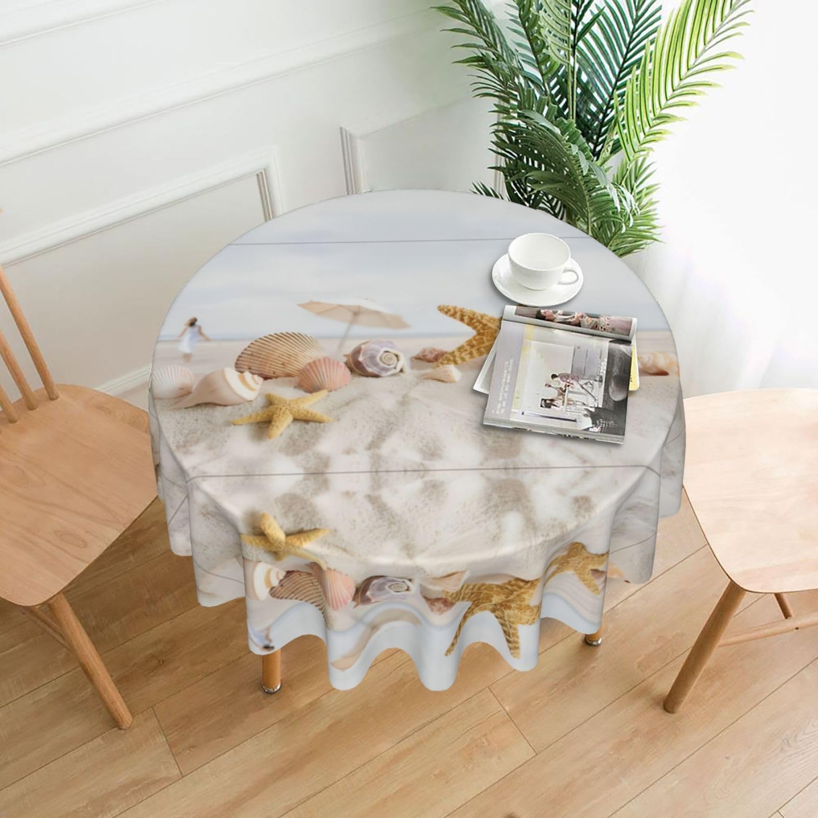 YYHHAOFA Pearls Starfish Seashell Theme Prints 60in Round Decorative Tablecloth – High-Grade Polyester Throw Cover for Dining, Parties, and Outdoor Events