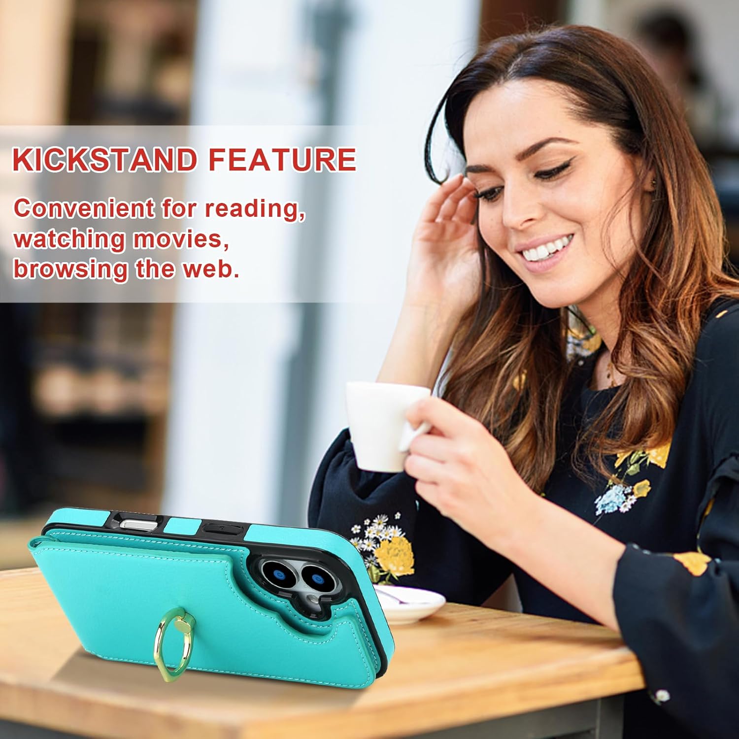 Folosu Compatible with iPhone 17 Case Wallet with Card Holder, 360°Rotation Finger Ring Holder Kickstand, RFID Blocking Leather Protective Double Buttons Shockproof Cover 6.3 Inch Mint Green