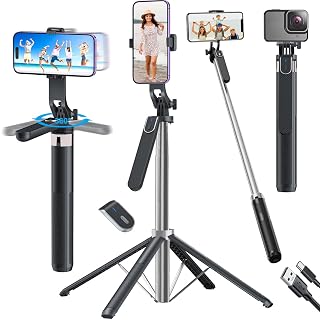 Kratos 65" Selfie Stick Tripod with Reinforced 4-Leg Tripod Stand Comes with 360° Rotatable Handle for Panoramic Shots with Detachable BT. Ultimate Stability for Smartphones, Ring Lights, GoPro